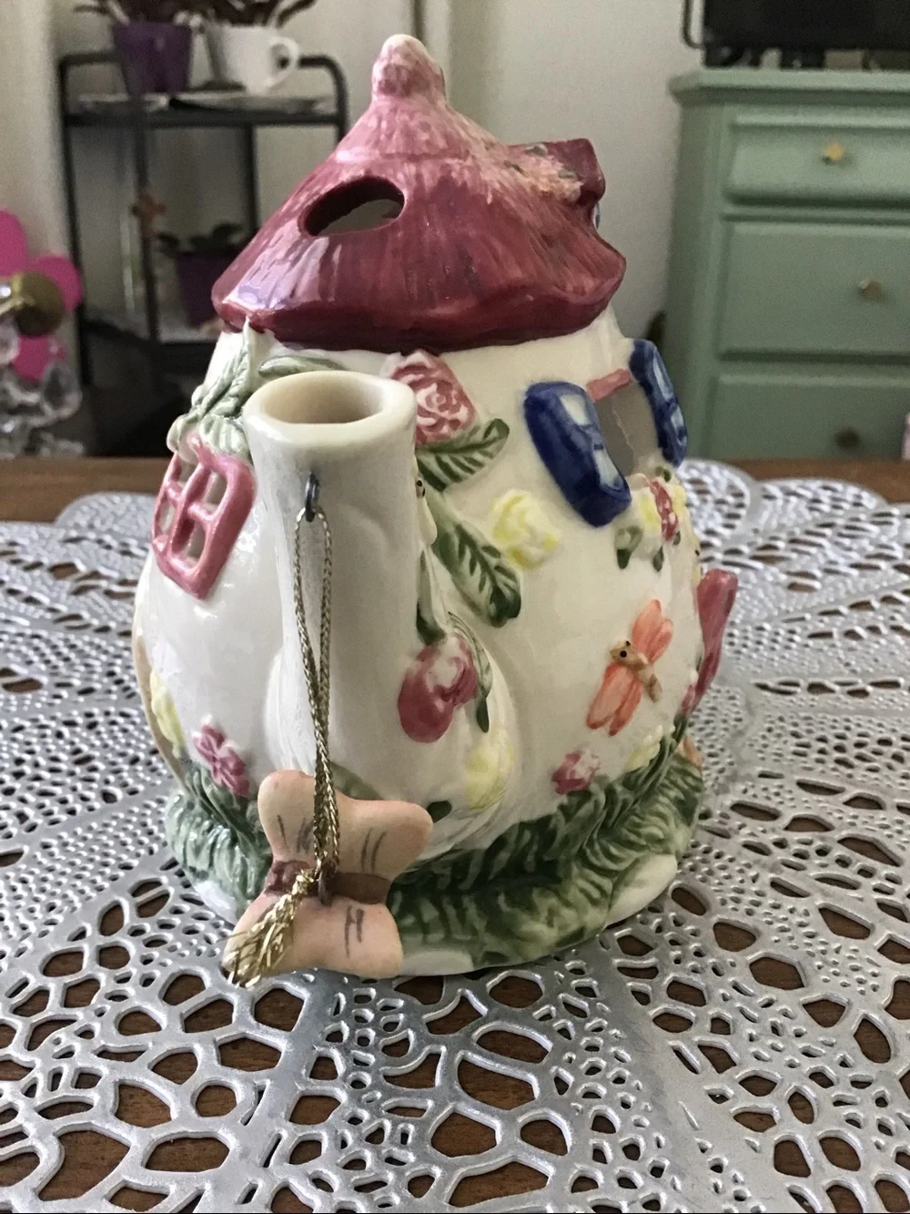 Teapot Cottage Tealight Holder Luminary, fairy garden look